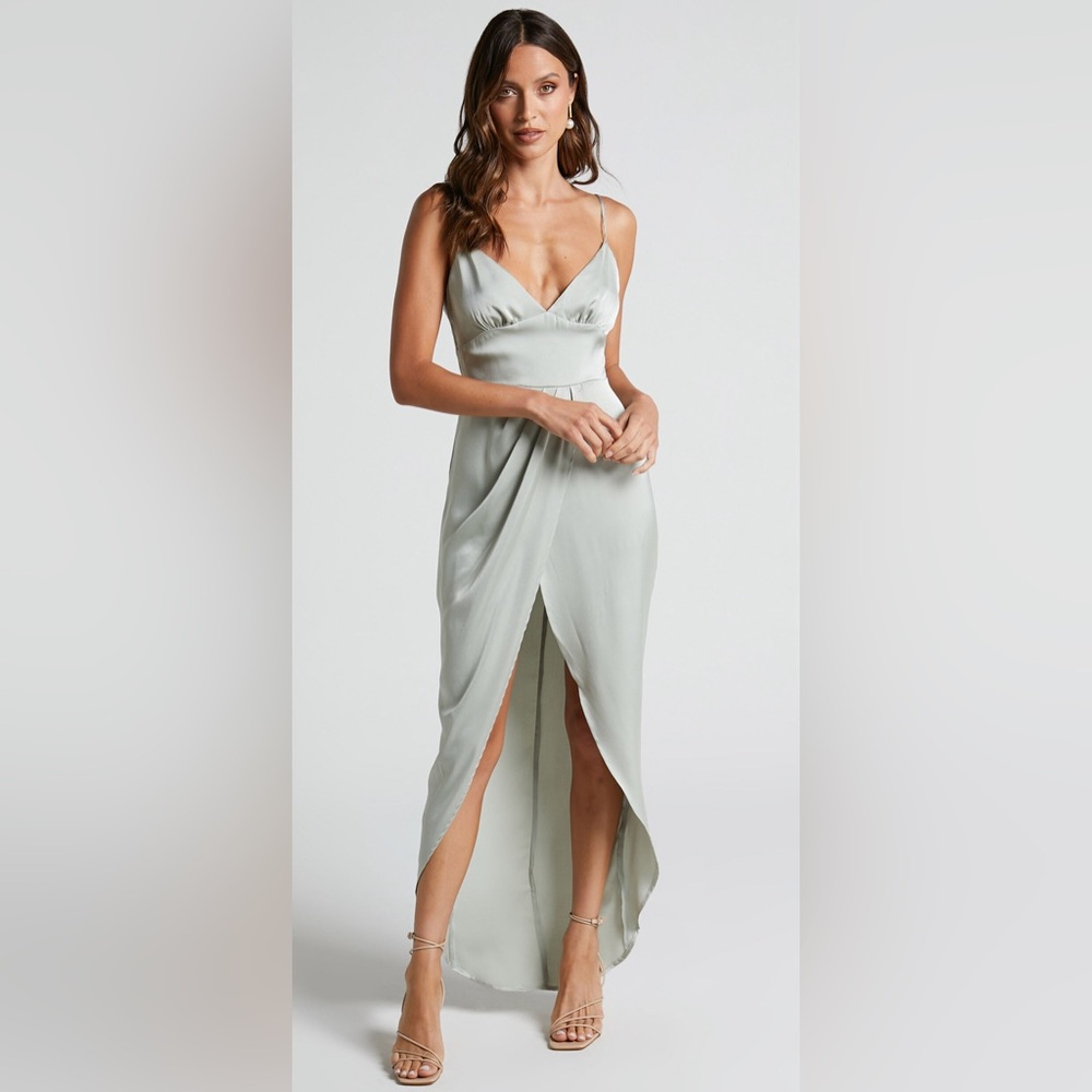 Sage Green Satin Bridesmaid Dress - V neck midi dress